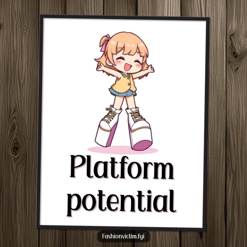 Funny digital art print of a character gleefully attempting to walk in extremely high platform shoes, printable wall art.