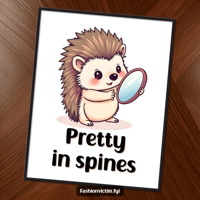 Funny digital art print of a charming hedgehog admiring itself in a handheld mirror, offering instant humorous and stylish wall decoration.