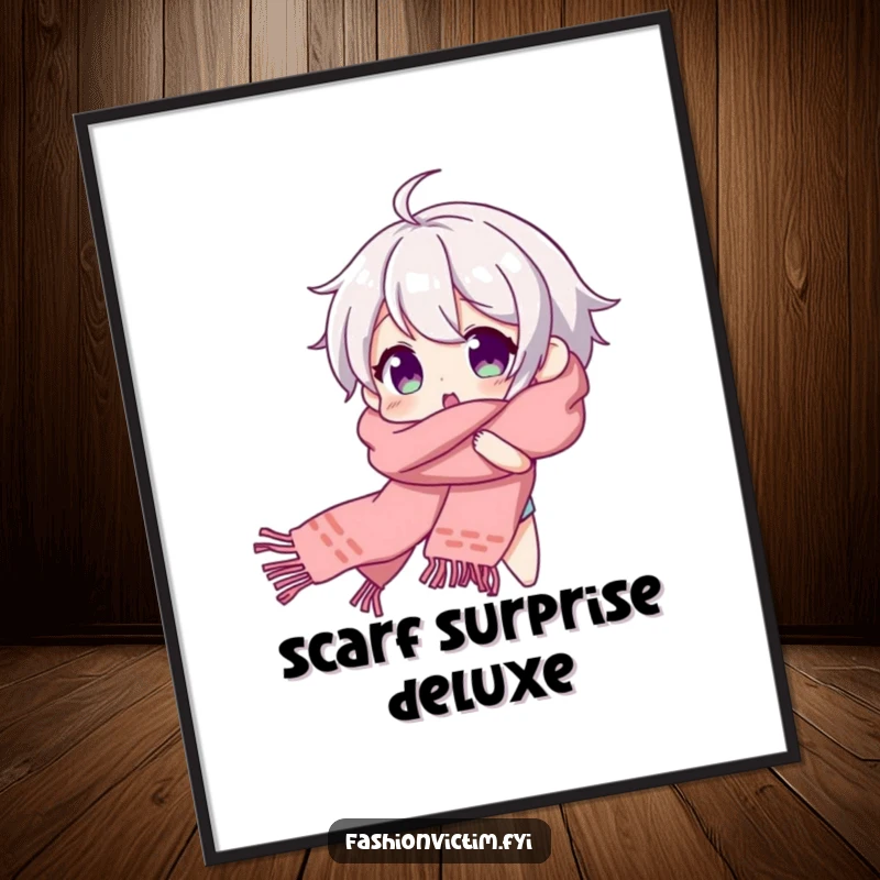 Funny digital art print of a character hilariously tangled in a scarf, beaming with joyful surprise.