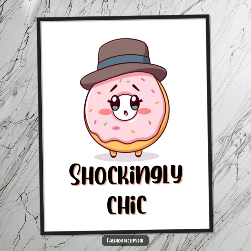 Funny digital art print of a donut character wearing a designer hat, looking shocked at its own reflection, celebrating sweet vanity.