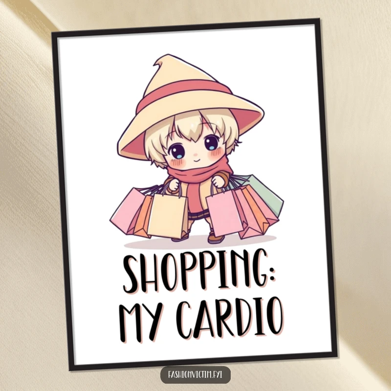 Funny digital art print of a child character in an oversized hat tripping with shopping bags, a high-resolution humorous artwork.