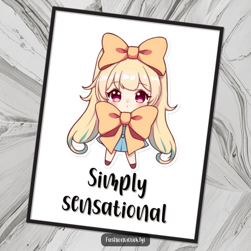 Funny digital art print of a character dramatically posing with a comically oversized and brightly colored bow.