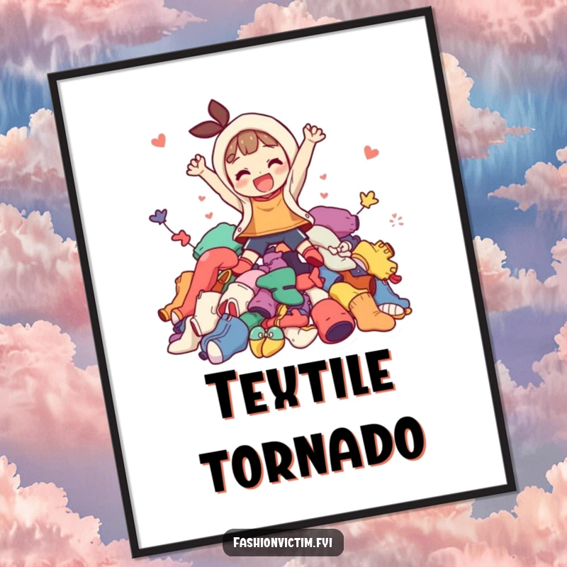 Funny digital art print showcasing a character mid-leap, joyfully submerging into a vibrant, chaotic pile of colorful, mismatched clothing, pure artistic fun.