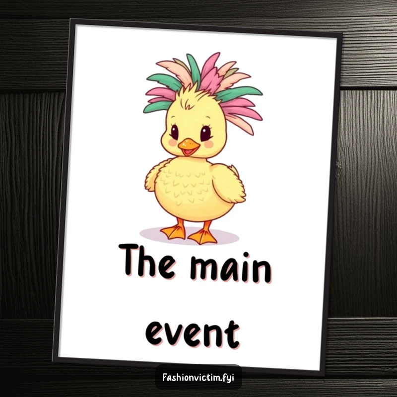 Funny Duckling Digital Art: A vibrant, high-resolution print of a duckling parading in a dramatic feathery boa, full of personality.