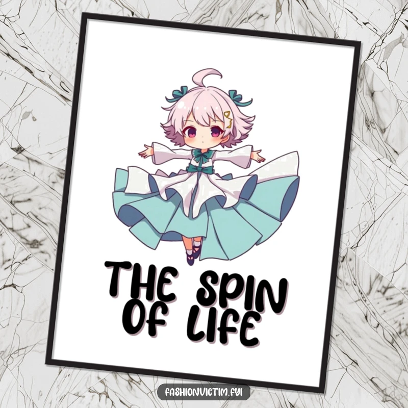 Funny digital art print of a character in ruffled clothes spinning with arms outstretched, ideal for expressive and humorous wall decor.