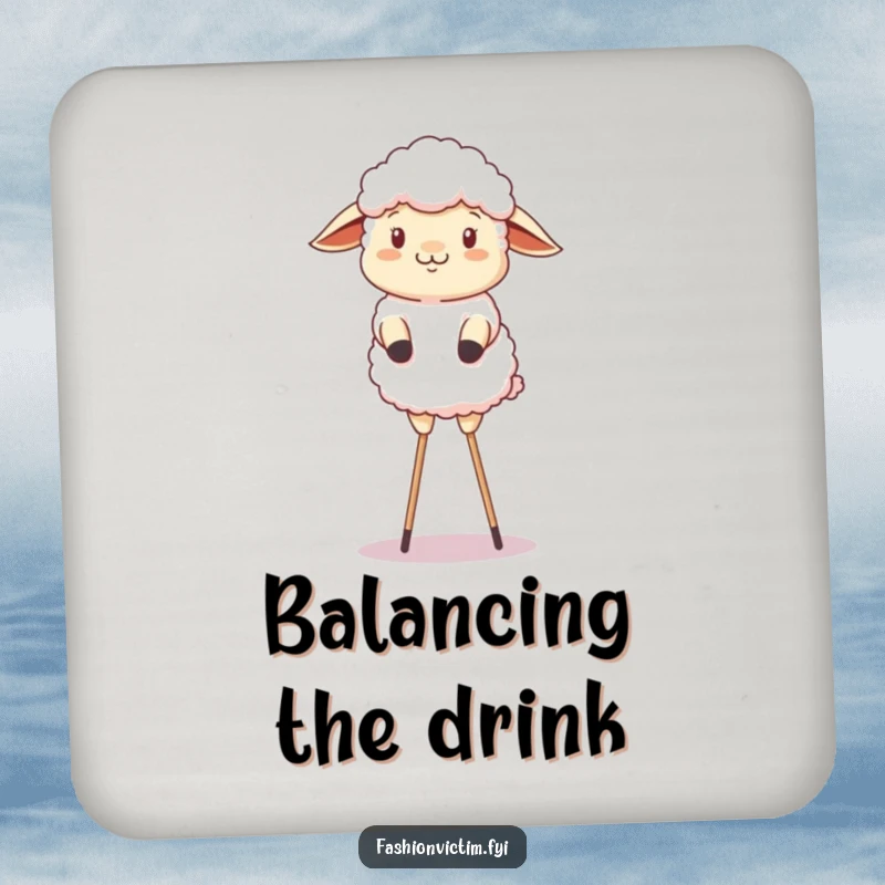 Funny drink coaster featuring a fluffy sheep comically attempting a balancing act on stilts.