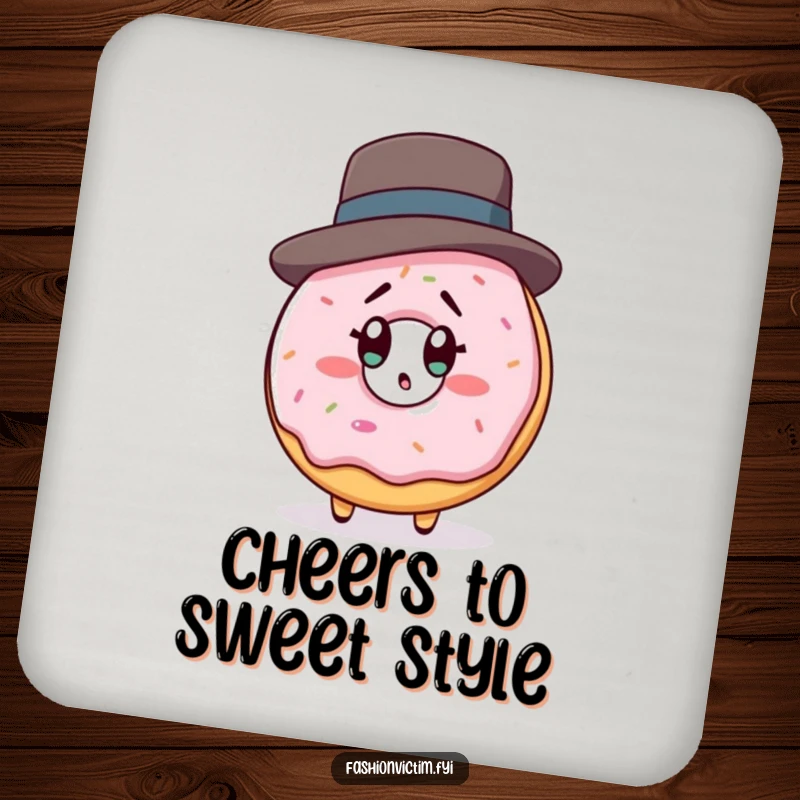Funny drink coaster featuring a donut character in a tiny designer hat looking shocked at its reflection, adding sweet humor.