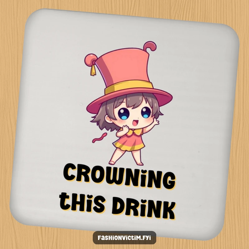 Funny coaster featuring a character posing dramatically with a towering, brightly colored hat, symbolizing bold protection.