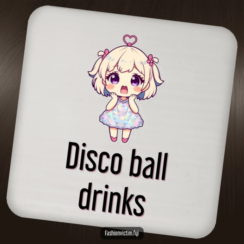 Funny drink coasters with a character shocked in a disco ball dress, protecting surfaces with humor and a retro party vibe.