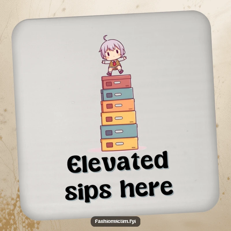 Funny Coaster Set: A character humorously balancing on a stack of shoe boxes, adding a stylish and funny touch to drinkware.