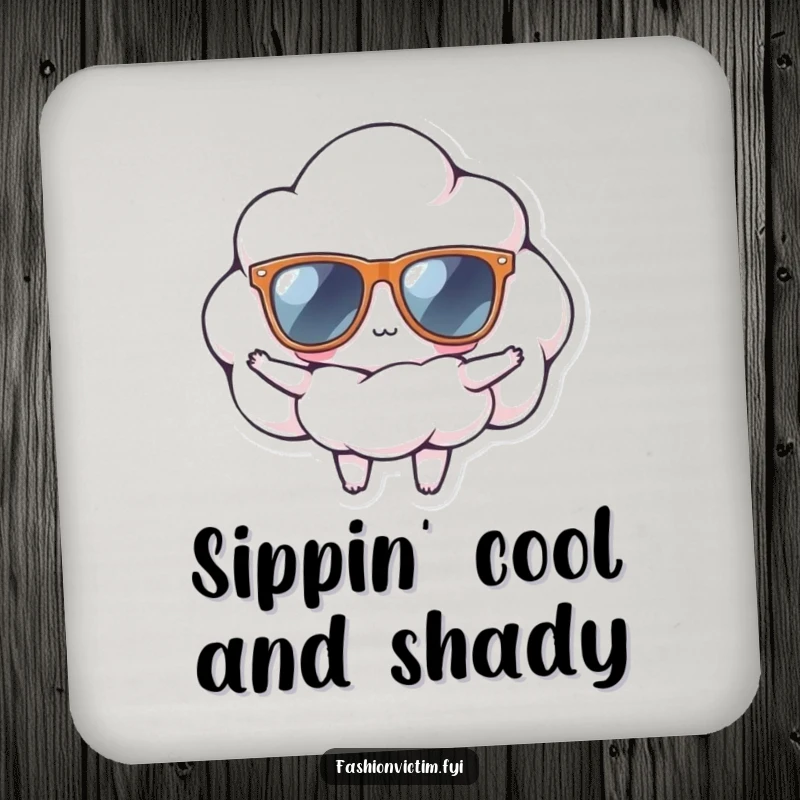 Funny drink coaster featuring a tiny cloud wearing oversized sunglasses, striking a confident pose, protecting surfaces with a cool and stylish vibe.