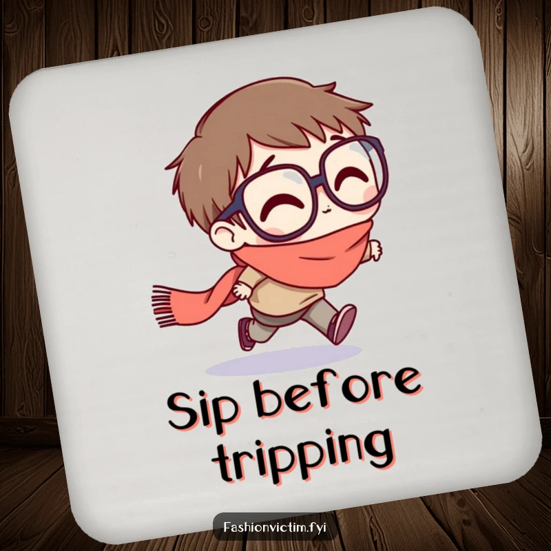 Funny drink coaster with a character with exaggeratedly large glasses stumbling forward, tripping on a trailing scarf.