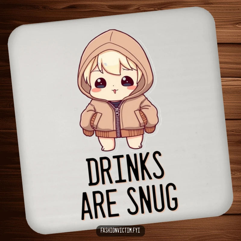 Funny Coaster Set: Character humorously struggling to zip a jacket that is comically too tight, seams straining, a fun addition.