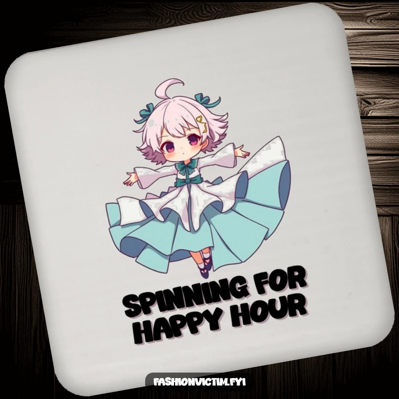 Funny drink coasters, each showing a character in ruffled clothing spinning with arms out, adding theatrical humor to table settings.