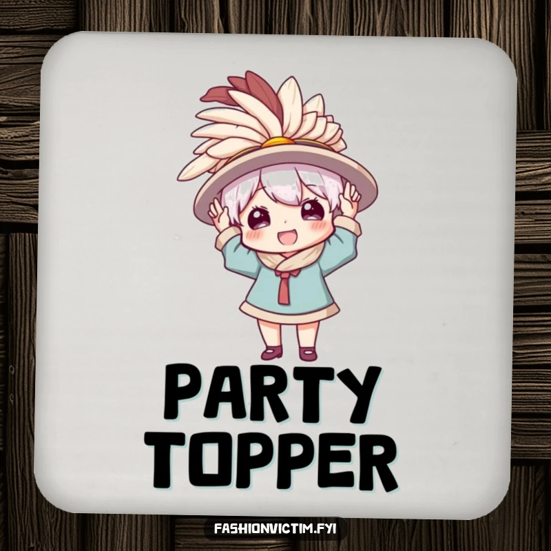 Funny drink coasters depicting a character enthusiastically wearing a comically large, feathered hat, adding a stylish touch of drama.