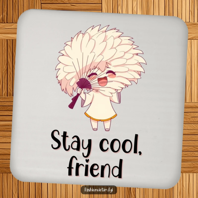 Funny drink coaster with an excited character gesturing with a huge, feathery fan that obscures their face, for tables.