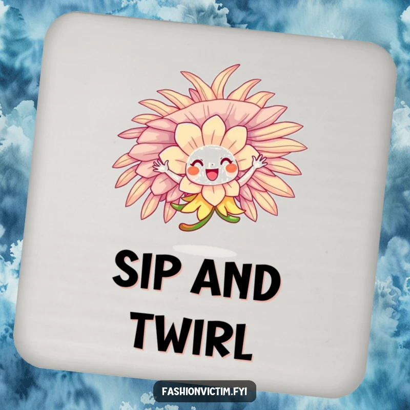 Funny flower character twirling in a ridiculously oversized, feathered hat on a whimsical drink coaster.