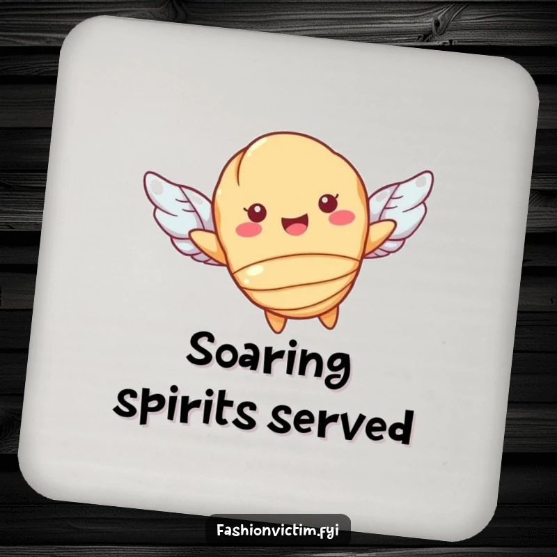 Funny drink coaster with a happy croissant character flying on tiny wings, offering surface protection with humor. A cute pastry accessory.