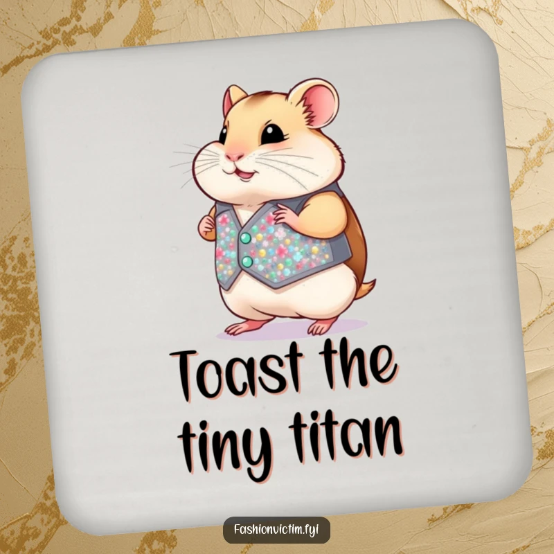 Funny Hamster Coaster: A chubby hamster struts in a minuscule, glittering sequined vest, protecting surfaces with tiny style.