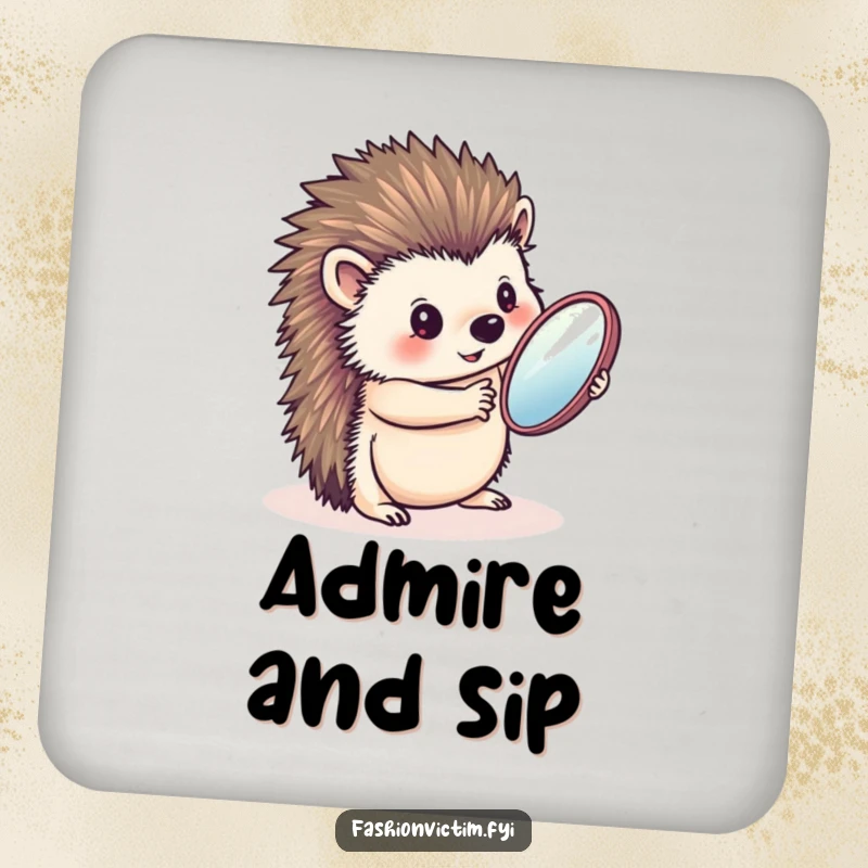Funny drink coaster featuring a charming hedgehog admiring itself in a handheld mirror, adding a humorous and stylish touch to any table.