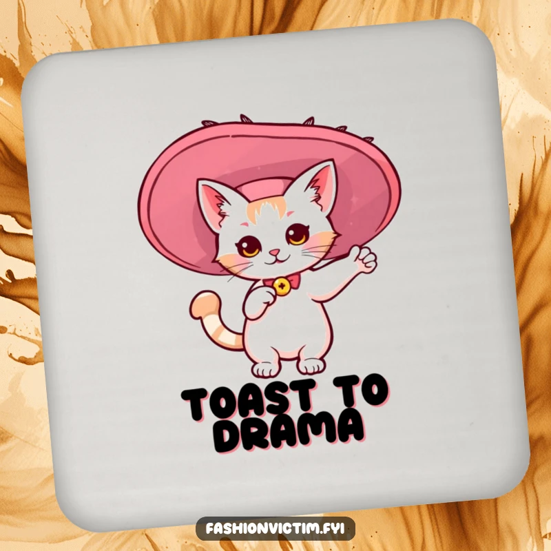 Funny drink coaster featuring a kawaii cat in a giant, flamboyant hat. Humorous surface protection and gift.