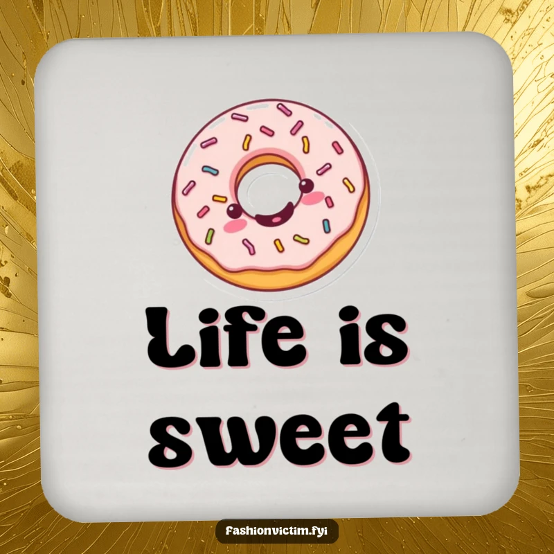 Funny Kawaii donut drink coaster, a cheerful donut spinning with sprinkles, protecting surfaces with adorable sweetness.