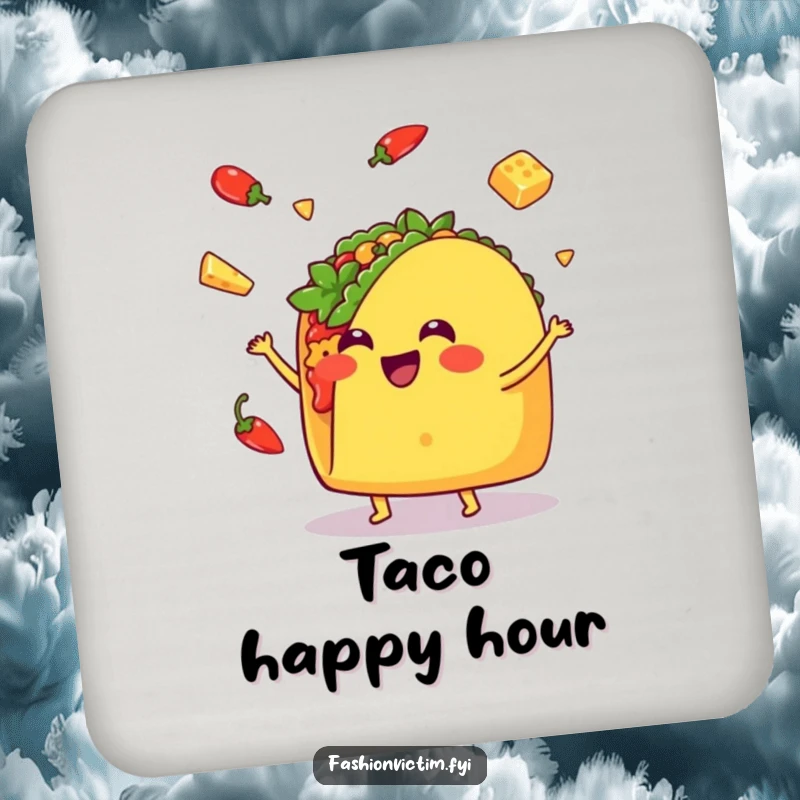 Funny Kawaii taco drink coaster, a taco juggling, protecting surfaces with adorable humor and vibrant colors.
