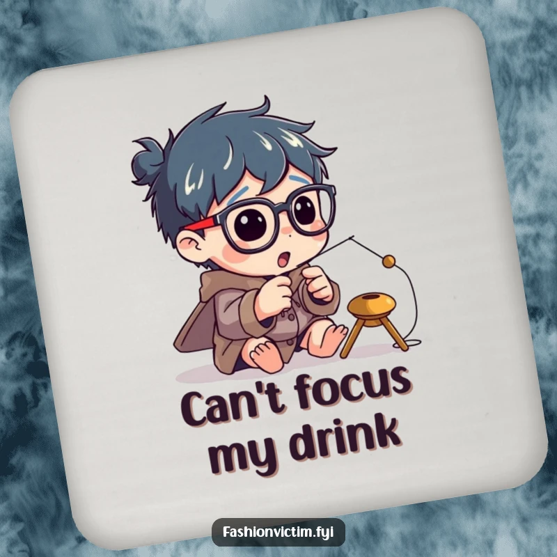 Funny drink coasters with a character enthusiastically attempting to thread a tiny needle while wearing enormous spectacles.