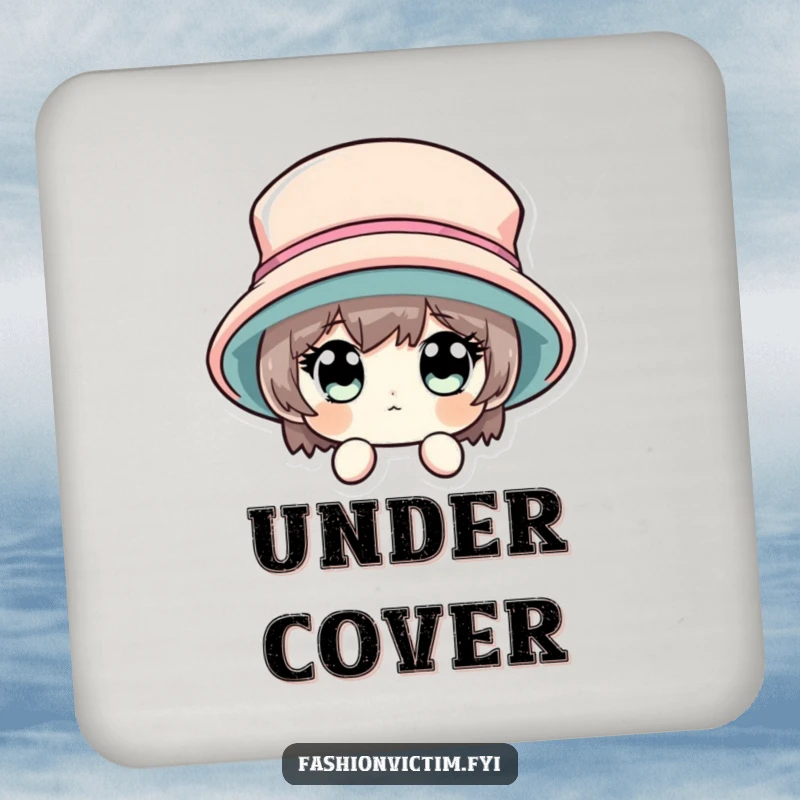 Funny drink coaster featuring a character's wide eyes peeking from behind a large, fashionable hat, for tables.