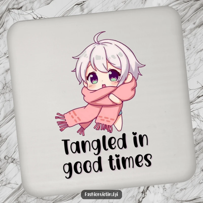 Funny coaster featuring a character tangled in a scarf, beaming with surprise, symbolizing playful protection.