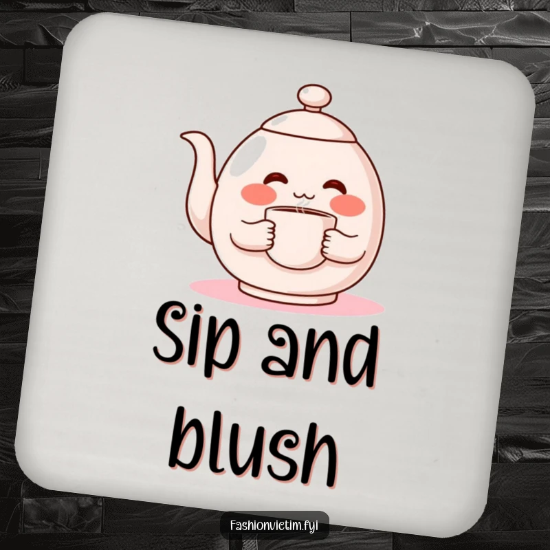 Funny drink coaster, a shy teapot character blushing bright red while holding a steaming cup, protects surfaces.