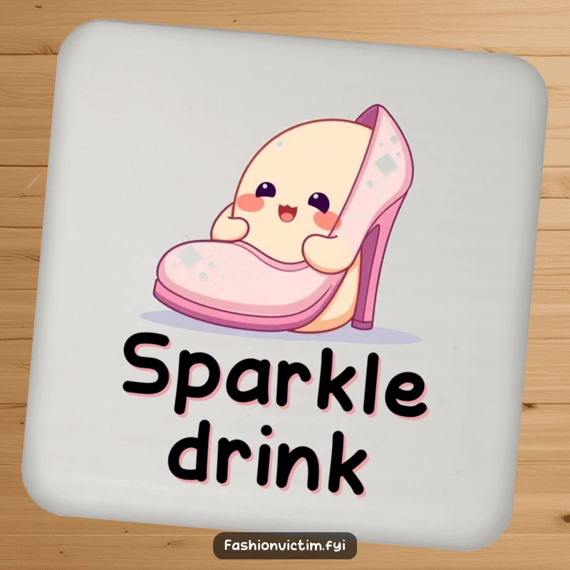 Funny drink coaster with a cheerful blob character admiring a ridiculously large, sparkly shoe, a functional piece of glamorous art.