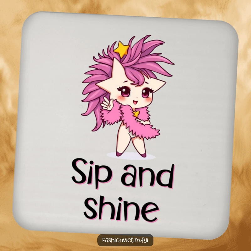 Funny Drink Coaster featuring a tiny star character posing glamorously with a feather boa. Chic and protective.