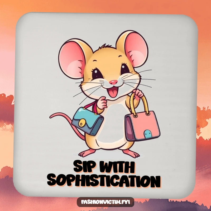 Funny drink coaster featuring a tiny mouse ecstatically holding a miniature designer handbag, adding a humorous and stylish touch to any table.