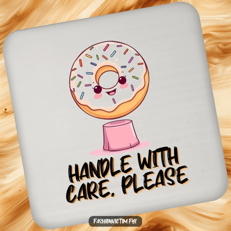 Funny drink coaster featuring a dramatic donut with sprinkles posing on a tiny pedestal, adding humor to beverage service.