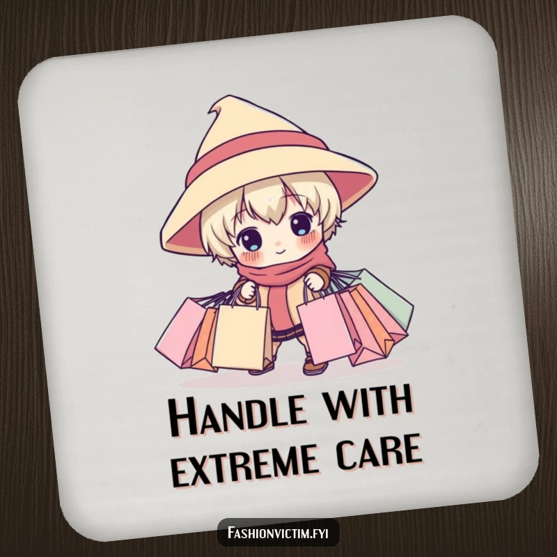 Funny drink coaster showing a child character in an oversized hat tripping with shopping bags, a humorous coaster for home decor.