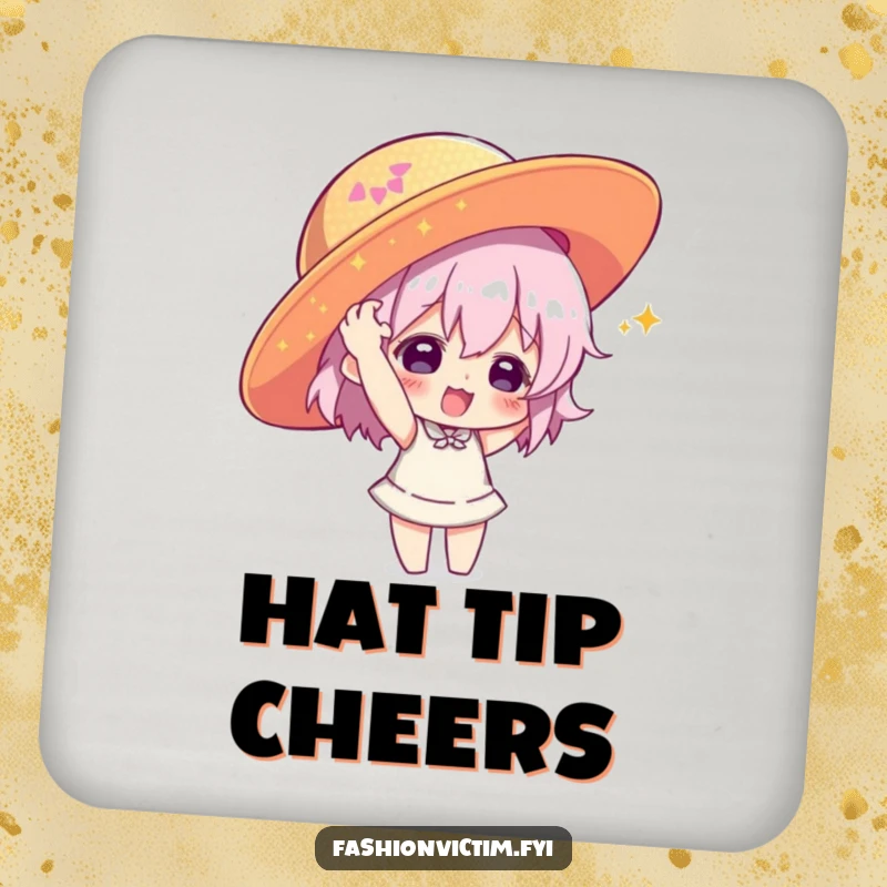 Funny drink coaster showing a character playfully putting on a large, sequined hat, a humorous coaster for home decor.