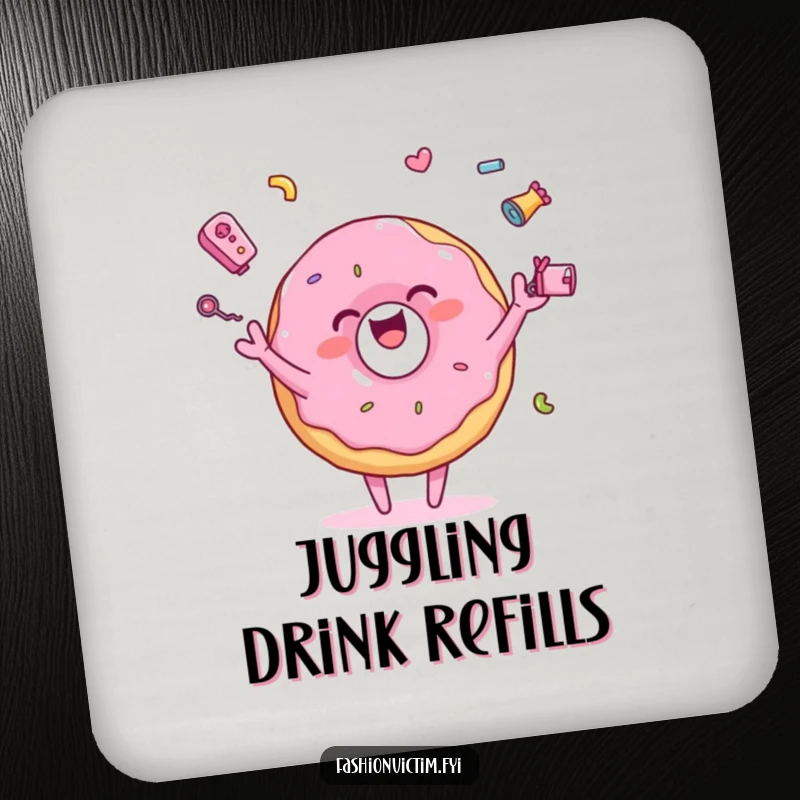 Funny drink coaster featuring a pink donut character joyfully juggling tiny, colorful accessories, protecting surfaces with sweetness and style.