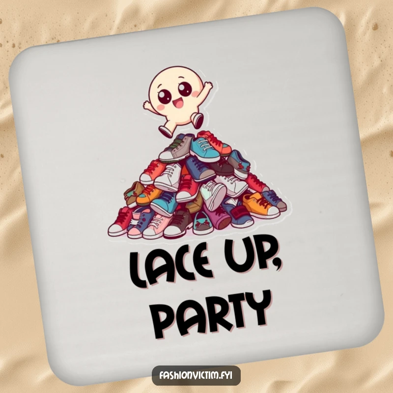 Funny drink coaster with a small, round character with big eyes joyfully leaping over a towering pile of mismatched shoes.