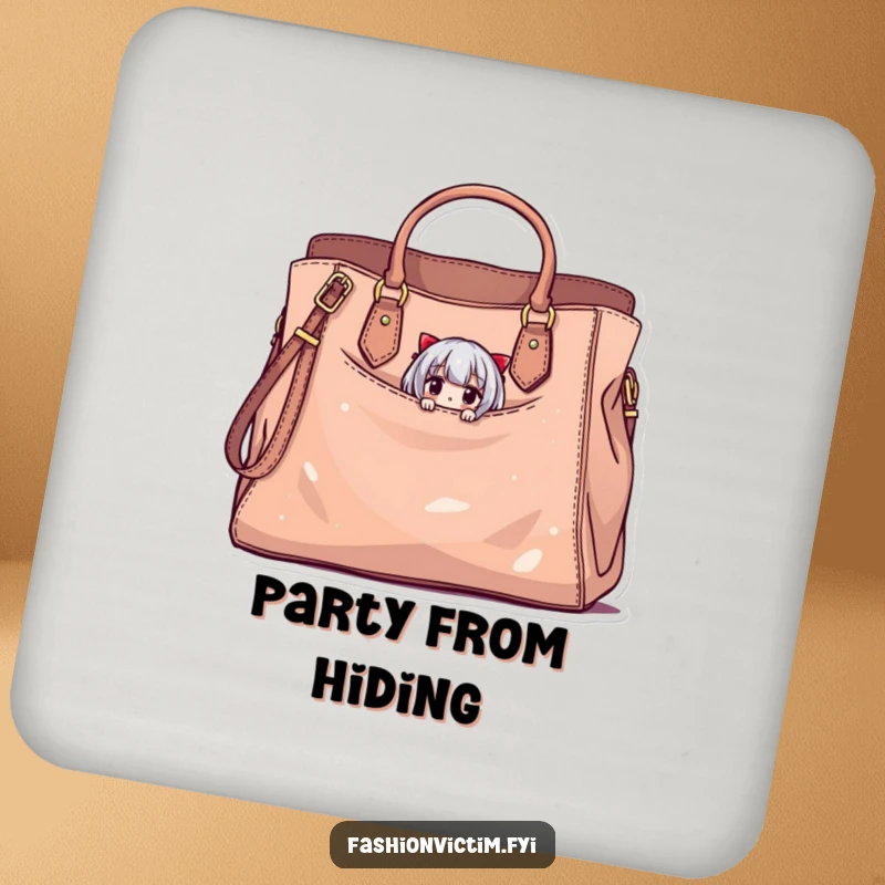 Funny drink coaster showing a tiny character peeking from a large, stylish handbag with minor damage, a humorous coaster for home decor.