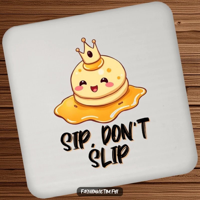 Funny pancake drink coaster, a cheerful pancake with a crown, tripping in syrup, protecting surfaces.