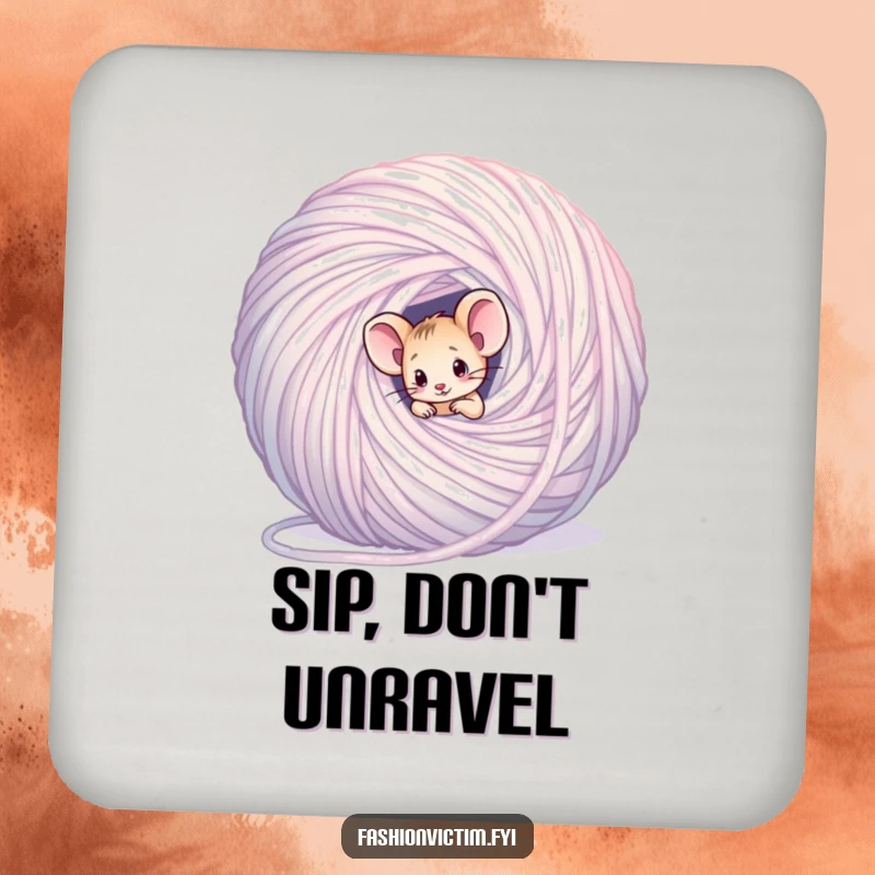 Funny mouse drink coaster, a tiny confused mouse tangled in a large ball of yarn, protecting surfaces.