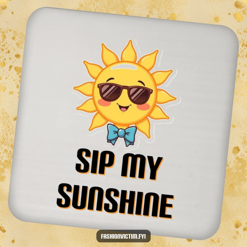 Funny drink coaster with a cheerful smiling sun wearing sunglasses and a bowtie. Humorous surface protection gift.