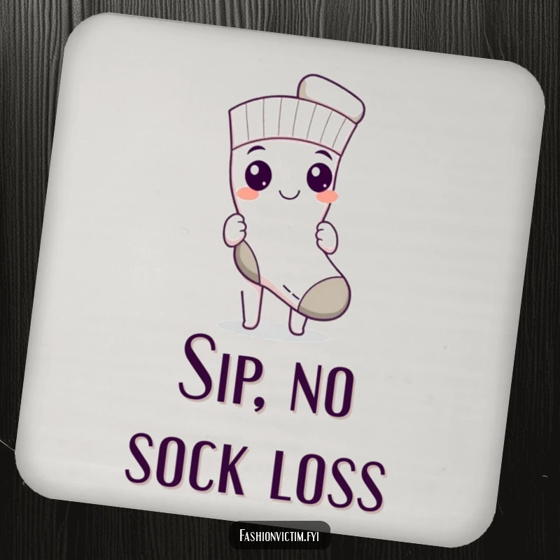 Funny drink coaster depicting a character with a triumphant grin, proudly holding up a single, perfectly matched sock.