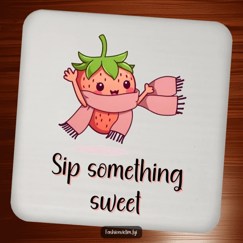 Funny drink coaster with a tiny strawberry character waving a miniature stylish scarf. Humorous surface protection gift.
