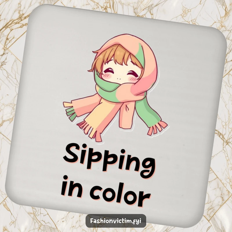 Funny Drink Coaster featuring a bubbly character draped in a ridiculously long, colorful scarf, adding warmth.