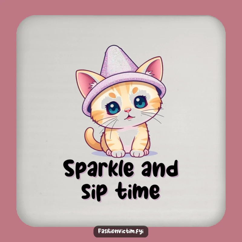 Funny Tiny Cat Sparkly Hat Coaster - Adorable Glamour for Your Table
