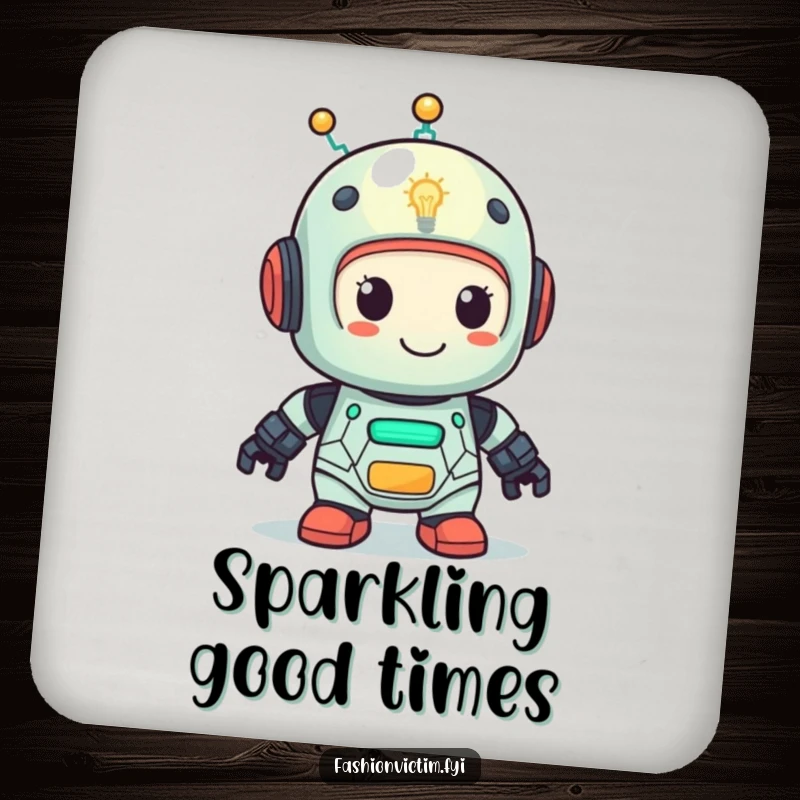 Funny drink coaster with a cute robot character featuring a lightbulb head, looking very pleased. Humorous protection gift.