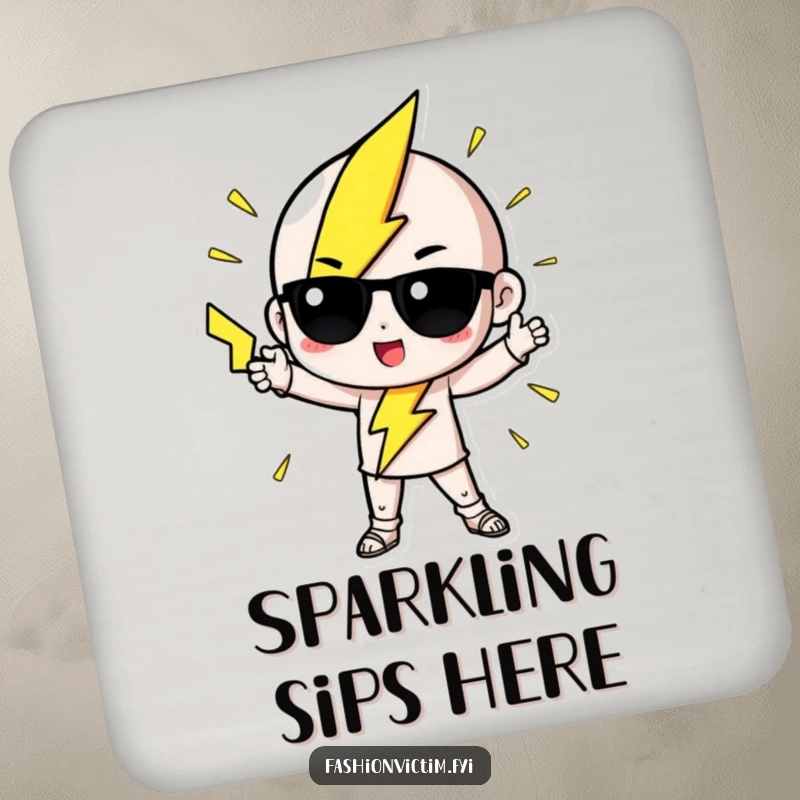 Funny Drink Coaster featuring a cute lightning bolt character striking a dramatic, fashionable pose, adding flair.