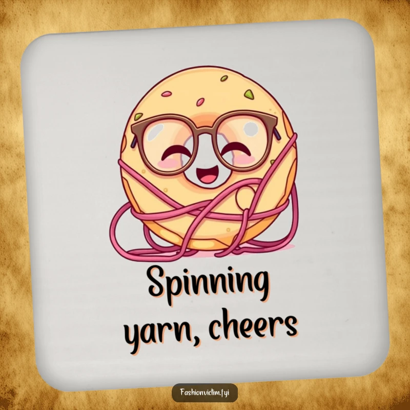 Funny drink coaster set showing a giggling doughnut wearing oversized glasses, hilariously tangled in yarn.